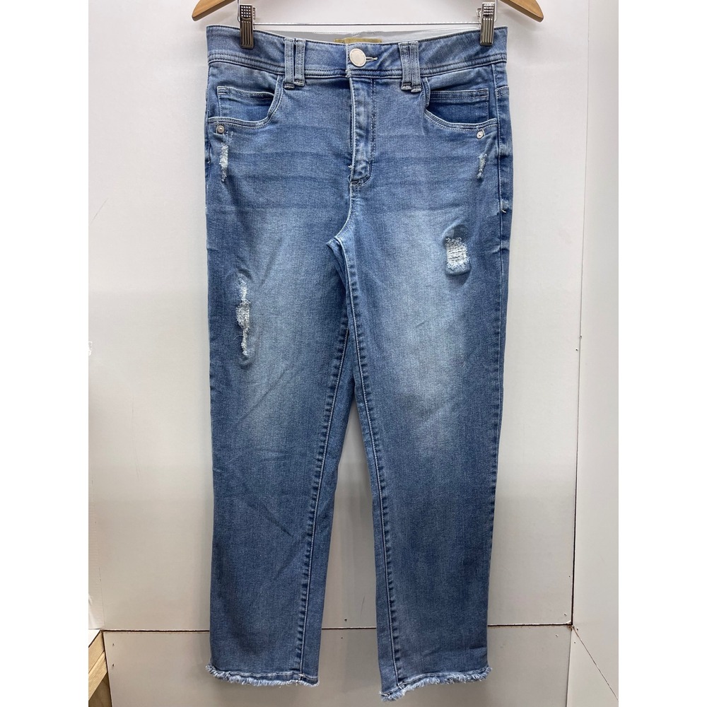 Democracy Ab Technology Distressed Straight Leg Frayed Hem Jeans Blue Size 8